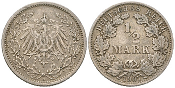 Германия 1/2 марки 1907 A, Вильгельм II (1888-1918) KM 17 серебро 100-631