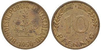 ФРГ 10 пфеннигов 1950 J KM 108, J. 383 сталь плакированная латунью 4132-541