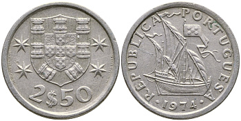 ПОРТУГАЛИЯ 2,5 ЭСКУДО 1974 ПАРУСНИК KM 590 медно-никель 4387-119