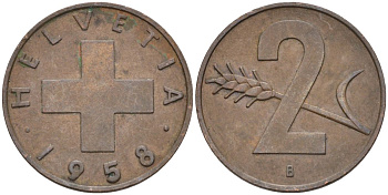 Швейцария 2 раппена 1958 В KM 47 бронза 4591-1216