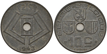 Бельгия 10 сантимов 1943 Belgie - Belgique, Леопольд III (1934-1947), германская оккупация, Вторая мировая война KM 126 цинк 4161-335