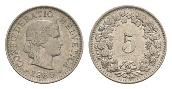 Швейцария 5 раппенов 1959 B KM 26 медно-никель 4611-761