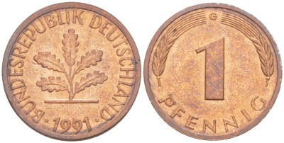 ФРГ 1 ПФЕННИГ 1991 G KM 105, J. 380 сталь плакированная медью 4181-713