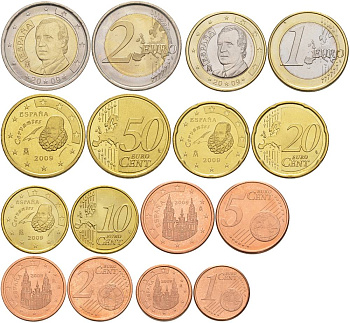 Испания евронабор из 8 монет 2009 1, 2, 5, 10, 20, 50 евроцентов, 1 и 2 евро KM 1040, 1041, 1042, 1070, 1071, 1072, 1073, 1074 UNC 183-531