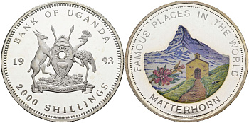 Уганда 2000 шиллингов 1993 гора Маттернхорн (Matterhorn), цветная эмаль, тираж 10000 экз. KM 42 серебро PROOF 1098-2-63
