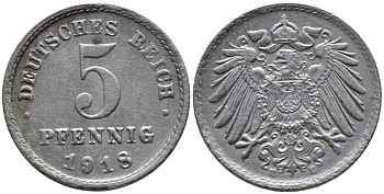 ГЕРМАНИЯ 5 ПФЕННИГОВ 1918 E KM 19, J. 297 железо 4396-264