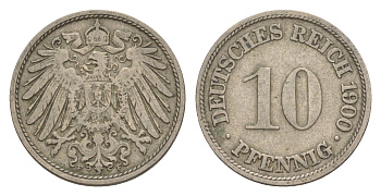 Германия 10 пфеннигов 1900 F, Вильгельм II (1888-1918) KM 12, J. 13 медно-никель 4640-247