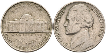 США 5 центов 1954 D, Джефферсон KM А192 медно-никель 92-1022