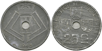 Бельгия 25 сантимов 1943 Belgique-Belgie, Леопольд III (1934-1947) KM 131 цинк 4579-246