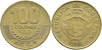 Коста-Рика 100 колон 1998 B.C.C.R. KM 230а латунь 54-2612