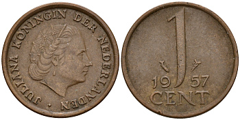 Нидерланды 1 цент 1957 Юлиана (1949-1980) KM 180 бронза    4598-166