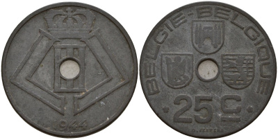 Бельгия 25 сантимов 1944 Belgie - Belgique, Леопольд III (1934-1947), германская оккупация, Вторая мировая война KM 132 цинк 4157-635