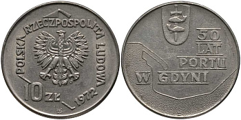 Польша 10 злотых 1972 MW, 50 лет морскому порту в Гдыне KM 65 медно-никель 180-312