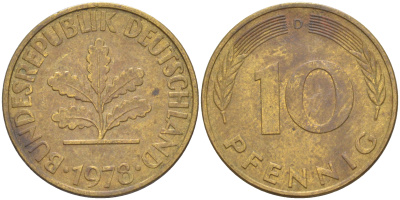 ФРГ 10 пфеннигов 1978 D KM 108, J. 383 сталь плакированная латунью 60-345