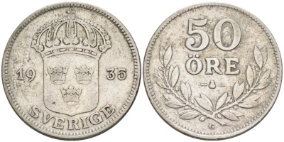 Швеция 50 эре 1935 G, Густав V (1907-1950) KM 788 серебро 4364-1943