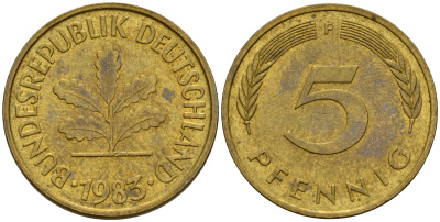 ФРГ 5 пфеннигов 1983 F J.382, KM 107 сталь плакированная латунью    4598-1034