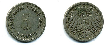 ГЕРМАНИЯ 5 ПФЕННИГОВ 1904 А, KM 11, J. 12 медно-никель 62-2426