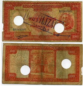 Мозамбик, Португальский 100 эскудо 1958 погашена Pick 107 бумага 8588-47-3-1