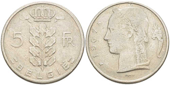 Бельгия 5 франков 1967 Belgie, Бодуэн I (1951-1993) KM 135.1 медно-никель 213-422