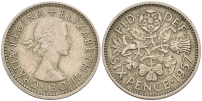 Великобритания 6 пенсов 1957 Елизавета II (1952-2022) KM 903, Spink 4149 медно-никель 192-232