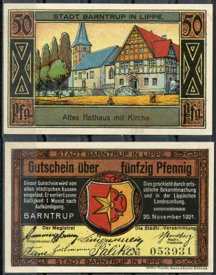Германия, Барнтруп 50 пфеннигов 1921 нотгельд, городские виды Grabowski 66.1 бумага UNC (пресс) 444-52-2-2