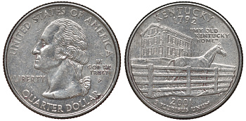 США 25 центов = квотер 2001 Р, серия штаты США, Кентукки KM 322 медь плакированная медно-никелем 4539-144