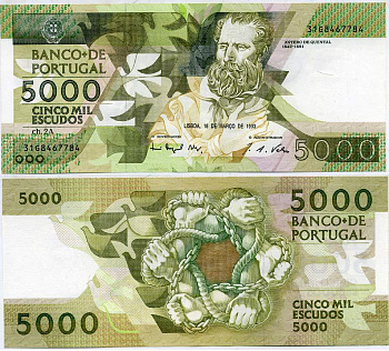 Португалия 5000 эскудо 1993 Антеру Таркиниу де Кентал Pick 184e (4) бумага UNC (пресс) 451-18-2