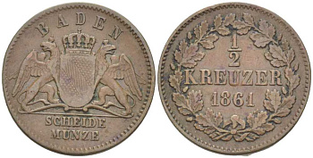 Баден 1/2 крейцера 1861 Фридрих I (1856-1907) КМ 241, AKS 134 медь 201-258