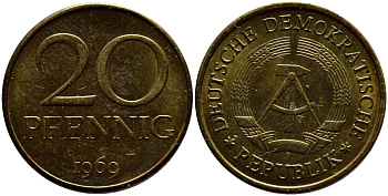 ГДР 20 пфеннигов 1969 А, первый год KM 11 латунь UNC 4395-1124