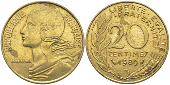 ФРАНЦИЯ 20 САНТИМОВ 1989 ТИП MARIANNE KM 930, LE FRANC 156.29 медь алюминий никель 175-912