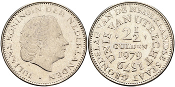 Нидерланды 2 1/2 гульдена 1979 400 лет Утрехтскому союзу, Юлиана (1949-1980) KM 197 никель 4587-1221
