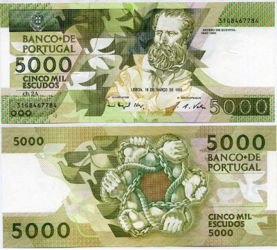 Португалия 5000 эскудо 1993 Антеру Таркиниу де Кентал Pick 184e (4) бумага UNC (пресс) 451-18-2