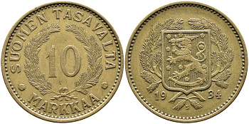 Финляндия 10 марок 1934 S KM 63 алюминиевая бронза 4388-1053