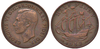 Великобритания 1/2 пенни 1952 Георг VI (1936-1952) KM 868, Spink 4118 бронза 4122-817