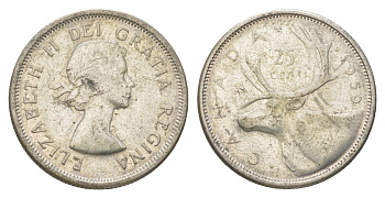 Канада 25 центов 1959 Елизавета II (1952-2022), олень KM 52 серебро 4622-833