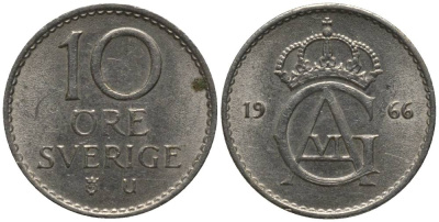 Швеция 10 эре 1966 U Густав VI Адольф (1950-1973) KM 835 медно-никель 218-325