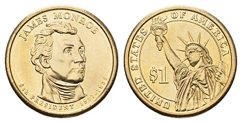 США 1 доллар 2008 D, Президент США - Джеймс Монро (1817-1825) KM 426 медь с марганцево-латунным покрытием UNC 4624-211
