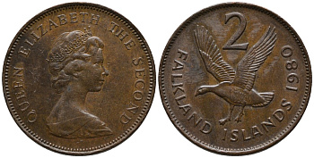 Фолклендские острова 2 пенса 1980 Елизавета II (1952-2022), магелланов гусь KM 3 бронза 4577-553