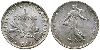Франция 1 франк 1918 сеятель KM 844.1, Le Franc 217.24 серебро UNC 259-712