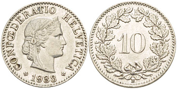ШВЕЙЦАРИЯ 10 РАППЕНОВ 1938 В KM 27 медно-никель 216-1227