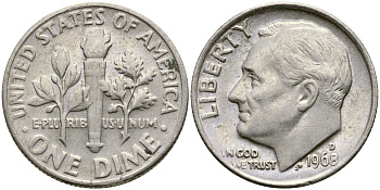 США 10 ЦЕНТОВ = 1 ДАЙМ 1968 D, РУЗВЕЛЬТ KM 195а медь плакированная медно-никелем 51-5266