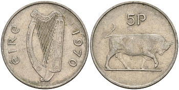 Ирландия 5 пенсов 1970 бык KM 22 медно-никель 4146-523