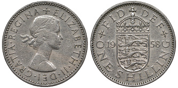 Великобритания 1 шиллинг 1958 Елизавета II (1952-2022), Английский герб KM 904, Spink 4147 медно-никель 4122-1036