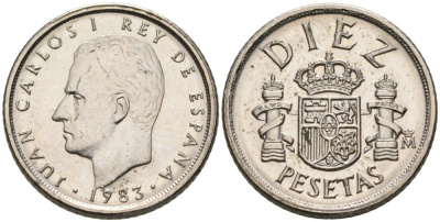 Испания 10 песет 1983 Хуан Карлос I KM 827 медно-никель 192-432