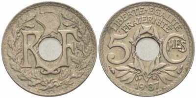 ФРАНЦИЯ 5 САНТИМОВ 1937 ТИП ЛИНДАЙЁ KM 875, LE FRANC 122.20 медно-никель 105-412