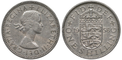 Великобритания 1 шиллинг 1958 Елизавета II (1952-2022), Английский герб KM 904, Spink 4147 медно-никель 4122-1036