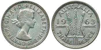 Австралия 3 пенса 1963 m, Елизавета II (1952-2022) KM 57 серебро 71-913