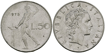 Италия 50 лир 1975 R, бог огня Вулкан у наковальни KM 95.1 нержавеющая сталь 4138-611