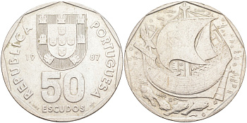 Португалия 50 эскудо 1987 парусник KM 636 медно-никель 4512-834