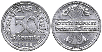 ГЕРМАНИЯ 50 ПФЕННИГОВ 1922 A KM 27, J. 301 алюминий 24-1043